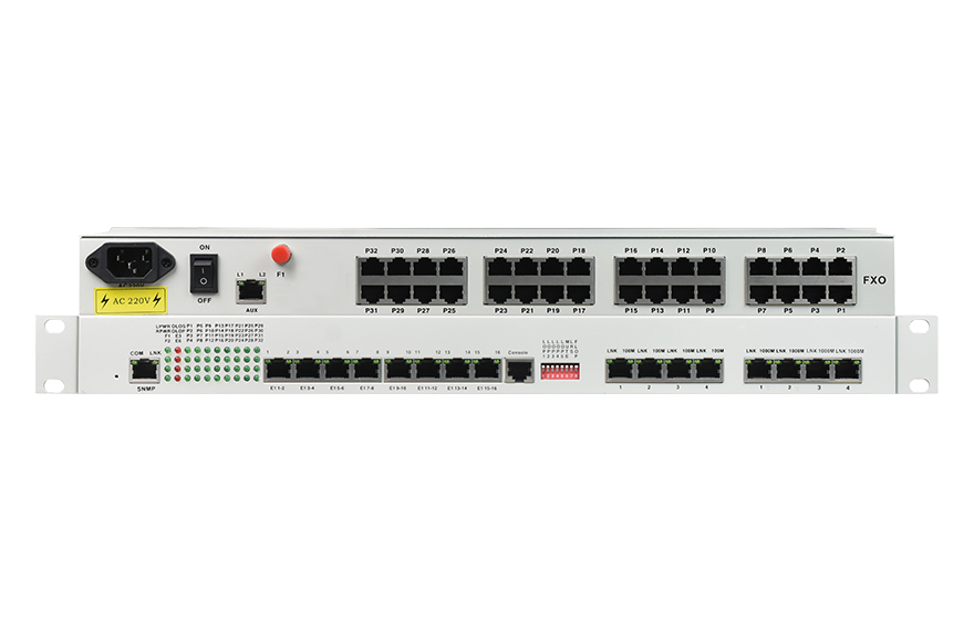 飛暢科技-32路電話+16E1+4FE+4GE+2路數(shù)據(jù)+SNMP+console（19英寸，物理隔離）電話光端機