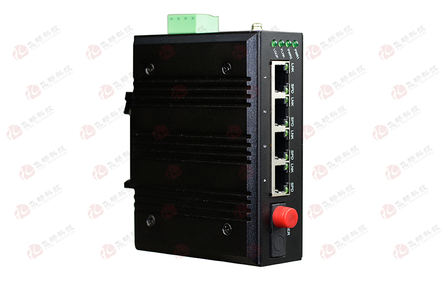 飛暢科技-mini工業(yè)軌式 4路百兆(物理隔離，總帶寬100M)轉(zhuǎn)1路百兆光